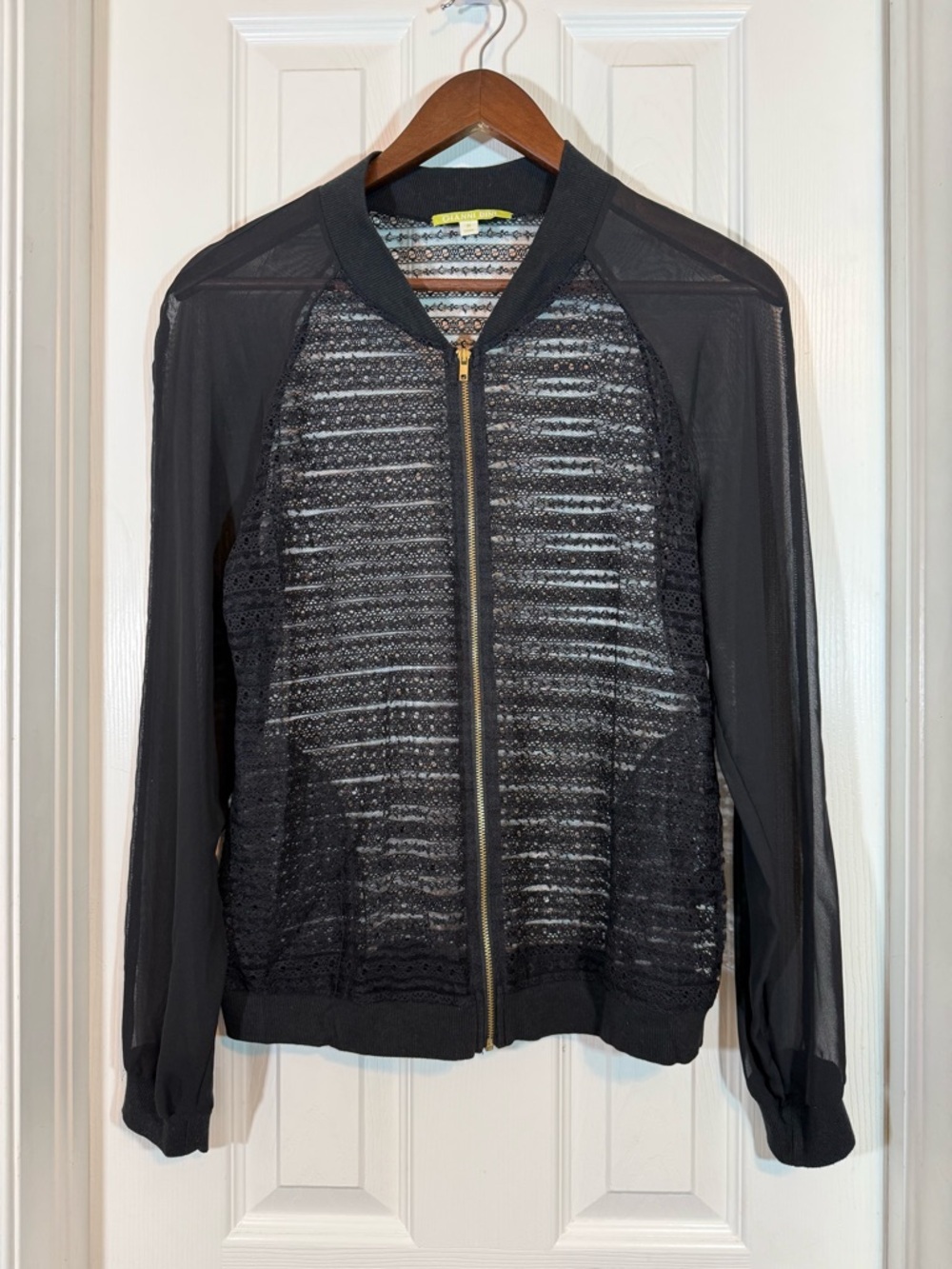 Gianni Bini Black Sheer Lace Mesh Zip Front Bomber Jacket